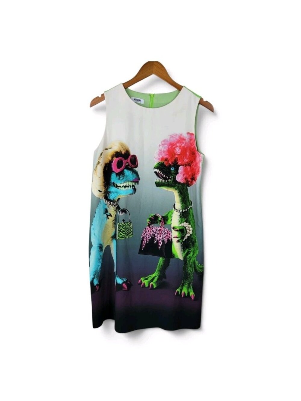 Moschino Cheap And Chic Dinosaur Mini Dress Size 8 Lined Slip Sheath Pop Art